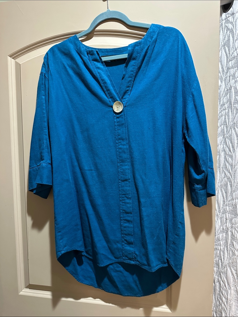 Marc New York Teal-Blue V-Neck Tunic with Single Accent Button